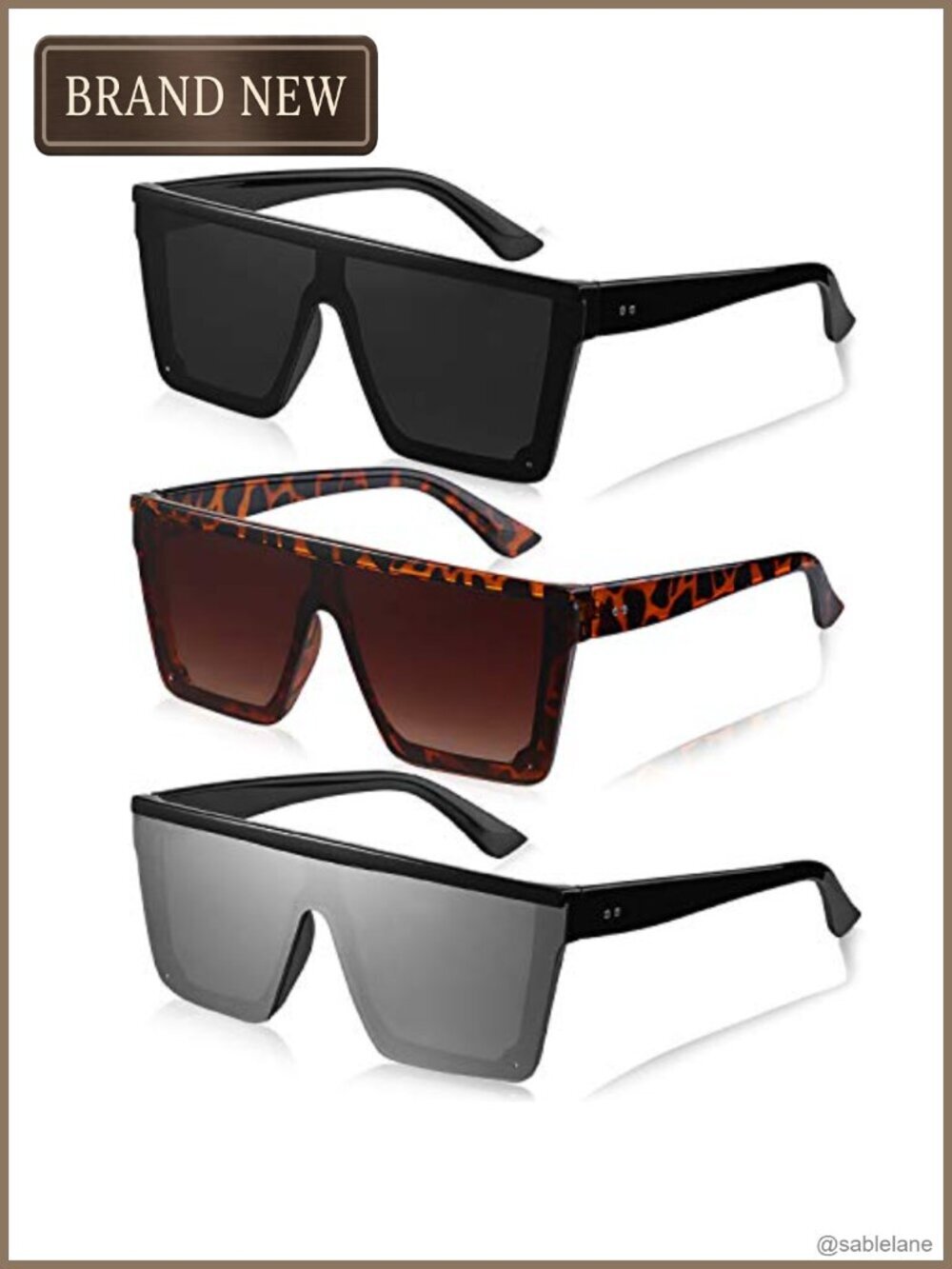 Oversized Square Sunglasses 3 Pack Retro Shield Frame Vintage